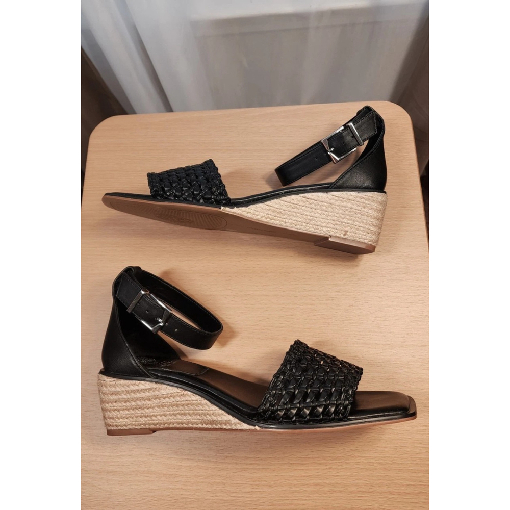 Vince Camuto Black Leather Net Low Ankle Strap Espadrille Wedge SZ 9 Wide - Picture 7 of 11